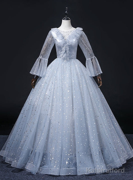 Light Blue Tulle Long Sleeve Quinceanera Dress