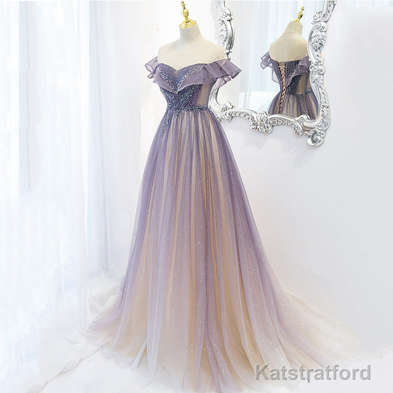 Light Purple Shiny Tulle Gradient A-line Sweetheart Prom Dress, Long Tulle Formal Dress