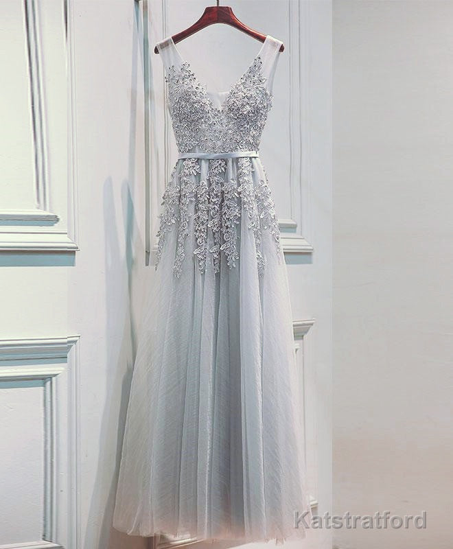 Light Sliver Grey Lace Applique V-neckline Long Party Dress, Light Grey Wedding Party Dress