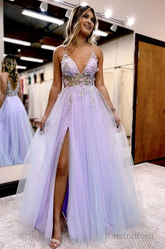 Lilac Beaded A-Line Tulle Prom Dress with Flowers