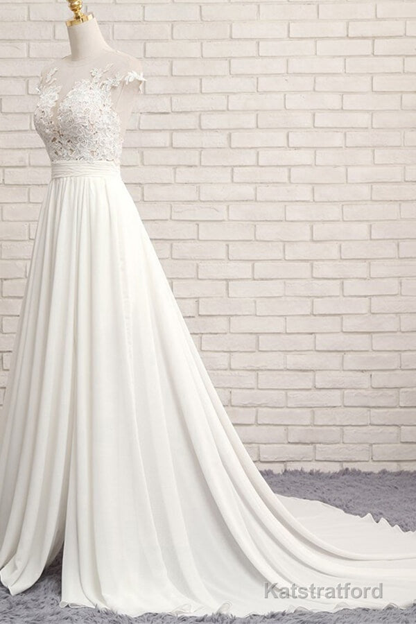 Long A-line Appliques Lace Chiffon Wedding Dress with Slit