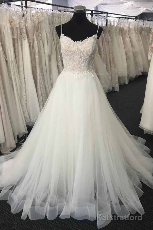 Long A-line Sweetheart Lace Tulle Wedding Dress