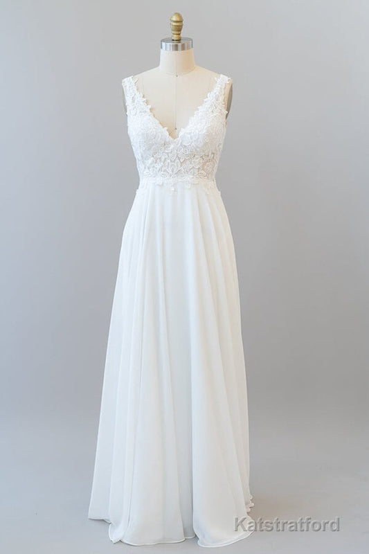 Long A-line V-neck Appliques Lace Chiffon Wedding Dress