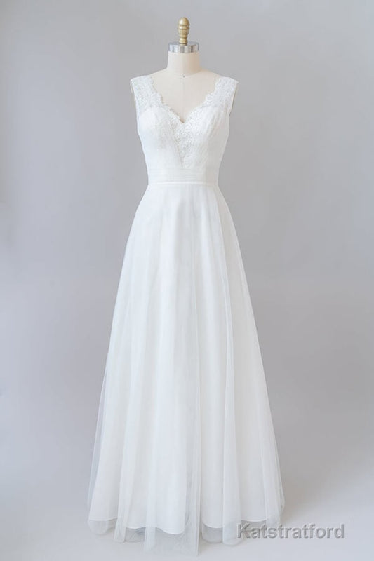 Long A-line V-neck Lace Tulle Backless Wedding Dress