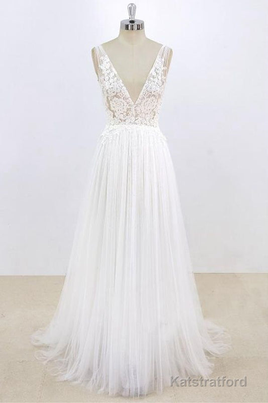 Long A-line V-neck Lace Tulle Open Back Wedding Dress