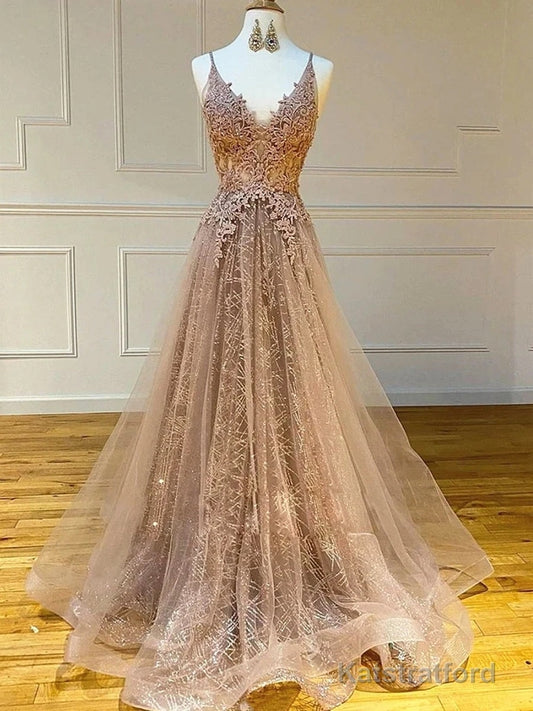Long A-line V-neck Lace Tulle Prom Formal Graduation Evening Dresses