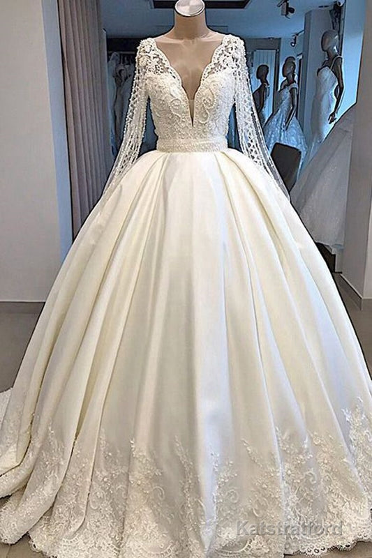 Long Ball Gown Satin V-neck Wedding Dress with Sleeves