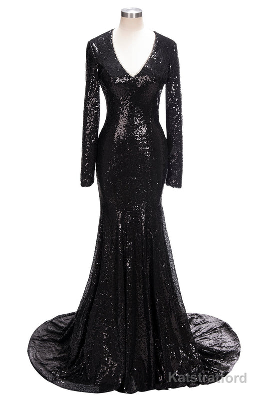 Long Mermaid V-Neck Black Sequins Prom Dresses with Sleeves
