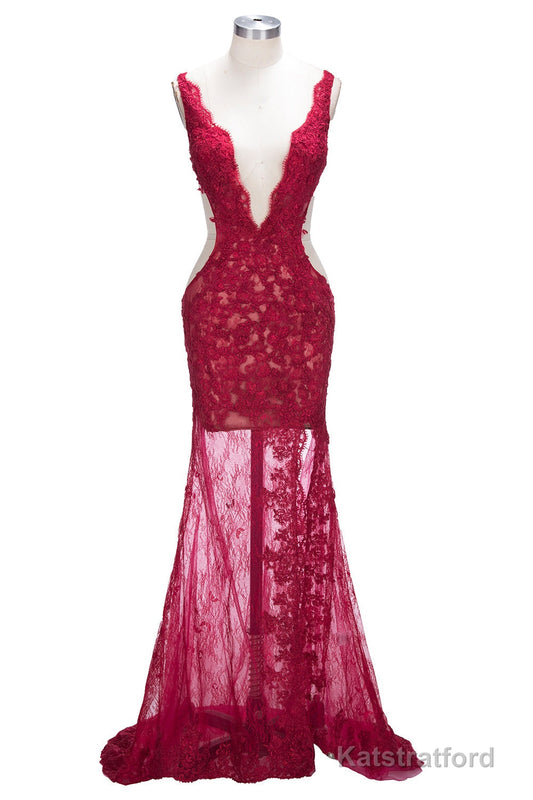 Long Mermaid V-neck Lace Appliques Prom Dresses with Slit