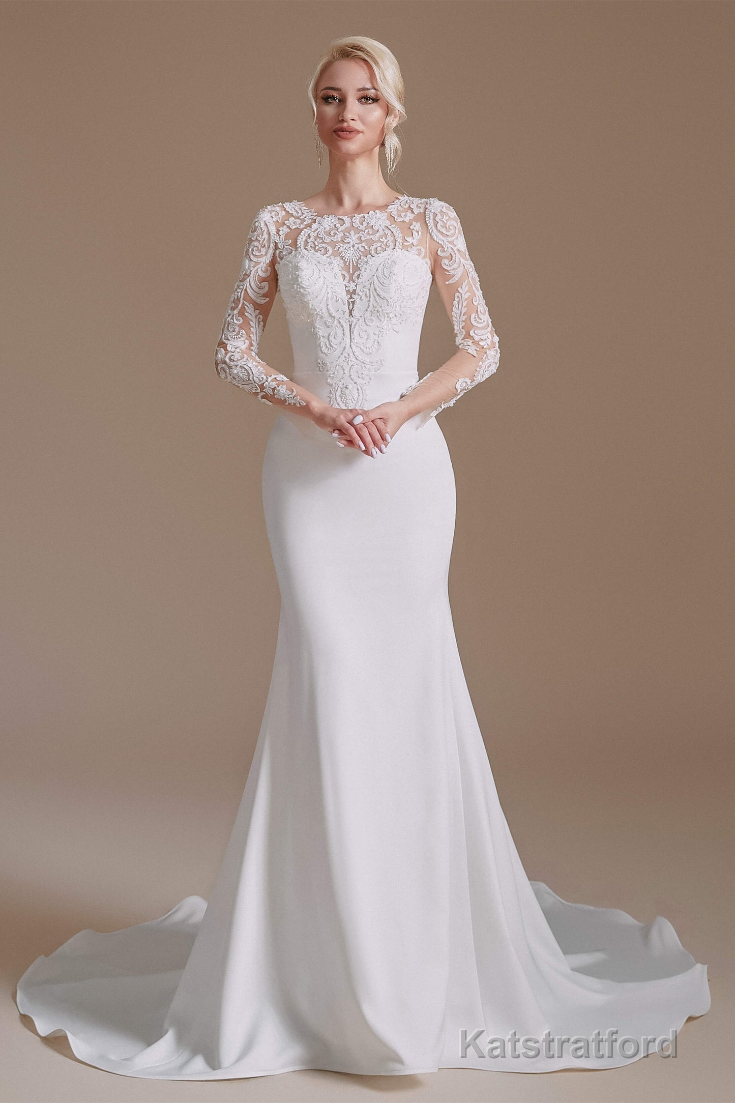 Long Sleeve Beaded French 3D Floral Lace Fishtail Elegant Bridal dresses