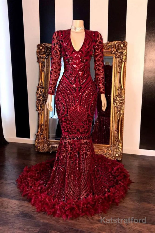 Long Sleevess V-neck Beading Patterns Long Mermaid Prom Gowns