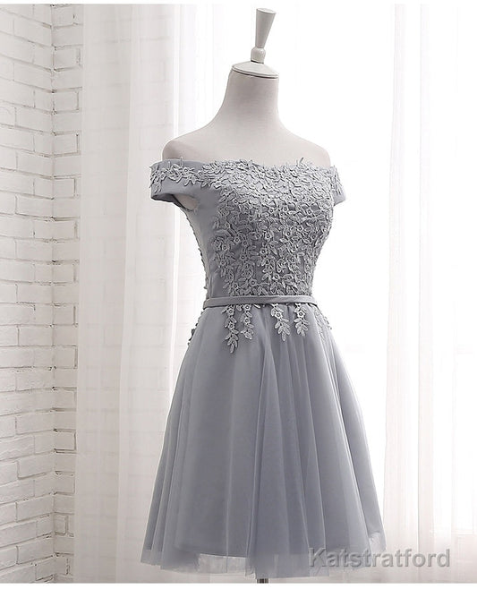 Lovely Grey Short Tulle Party Dress with Lace Applique, Bridesmaid Dresses  Cute Formal Dress