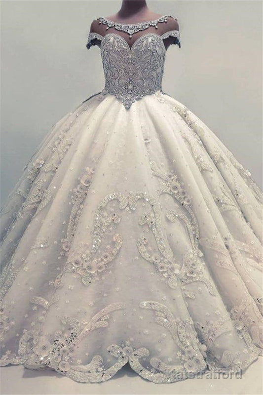 Luxurious Ball Gown Wedding Dresses Shiny Crystals Bridal Gowns with Flowers