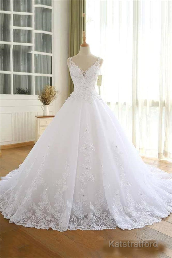 Luxurious Lace Beaded Wedding Dresses New Arrival V Neck Straps Long Ball Gown Wedding Party Bridal Dress