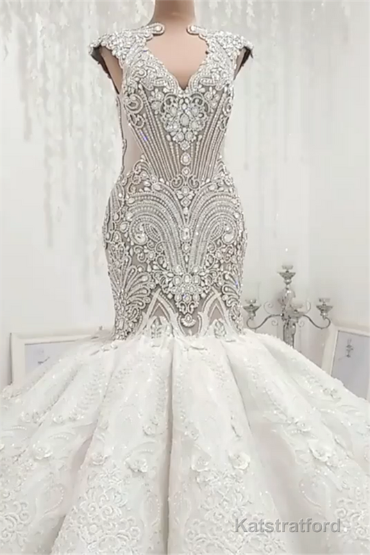 Luxurious Sleeveless Appliques Rhinestones Mermaid Wedding Bridal Gowns