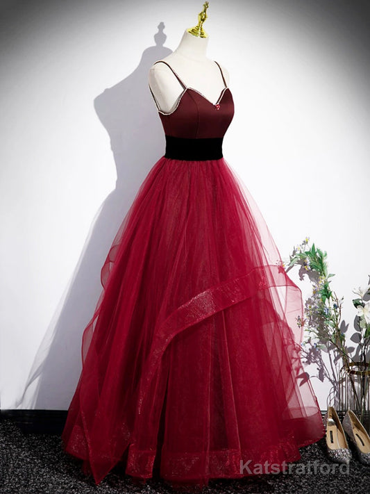 Burgundy Spaghetti Strap Tulle Long Corset Prom Dress, A-Line Evening Party Dress