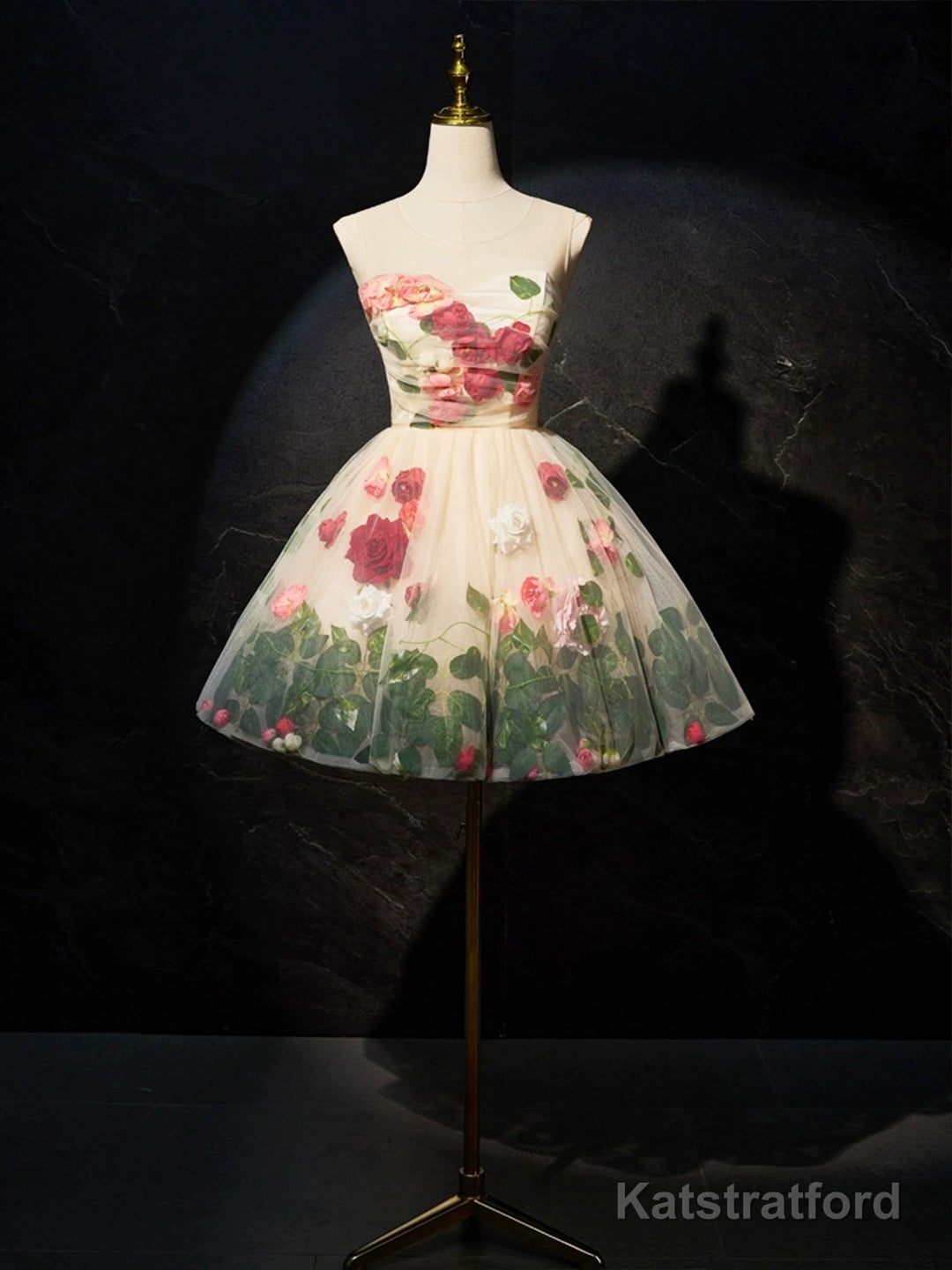 Champagne Scoop Neck Short Prom Dress with Flowers, Cute A-Line Party Dress