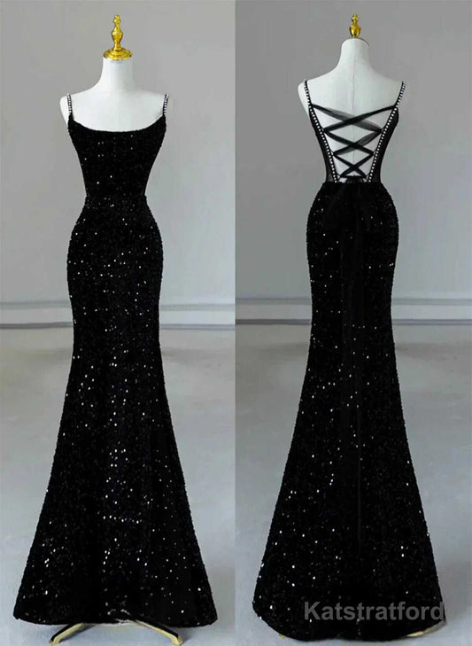 Black Mermaid Sequins Long Formal Dress, Black Straps Long Evening Dress