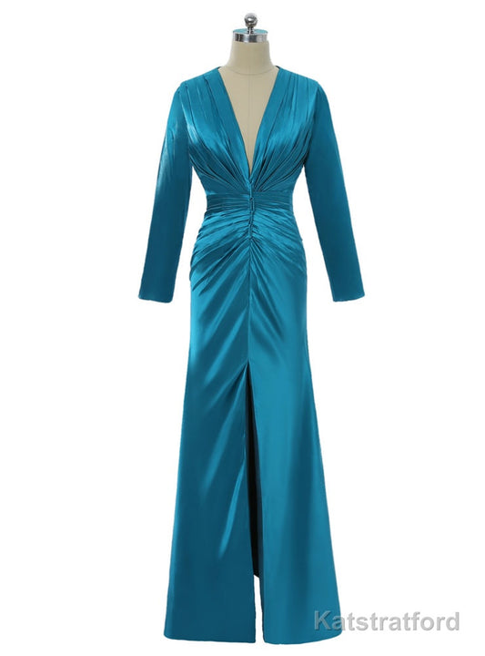 Mermaid Deep V-neck Long Sleeves Slit Sexy Long Evening Dresses