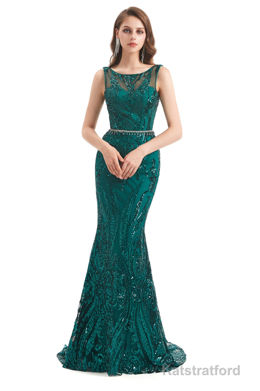 Mermaid Pattern Sleeveless Lace Prom Dresses with Belt