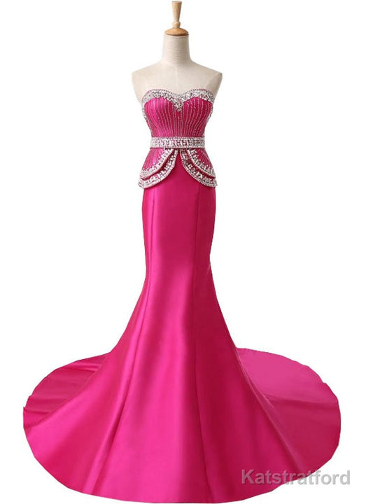 Mermaid Sweetheart Beaded Floor Length Hot Pink Prom Dress