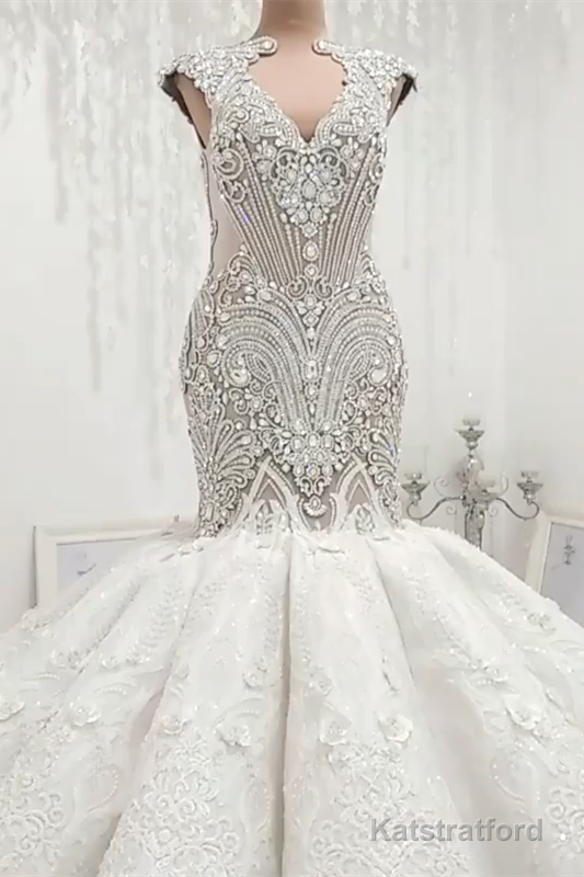 Mermaid V-neck Floor Length Backless Tulle Beading Applique Wedding Dress