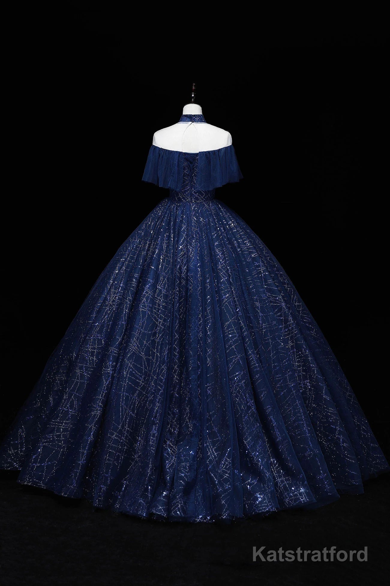 Navy Blue High Neckline Tulle with Lace Formal Dress, Navy Blue Ball Gown Sweet 16 Dress