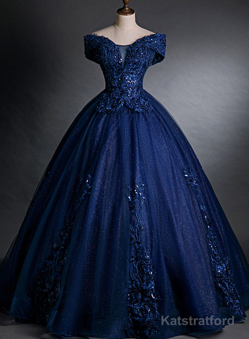 Navy Blue Off Shoulder Ball Gown Tulle with Lace Sweet 16 Gown, Quinceanera Dresses