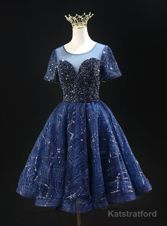 Navy Blue Sequins Short Sleeve Beading Homecoming Dress