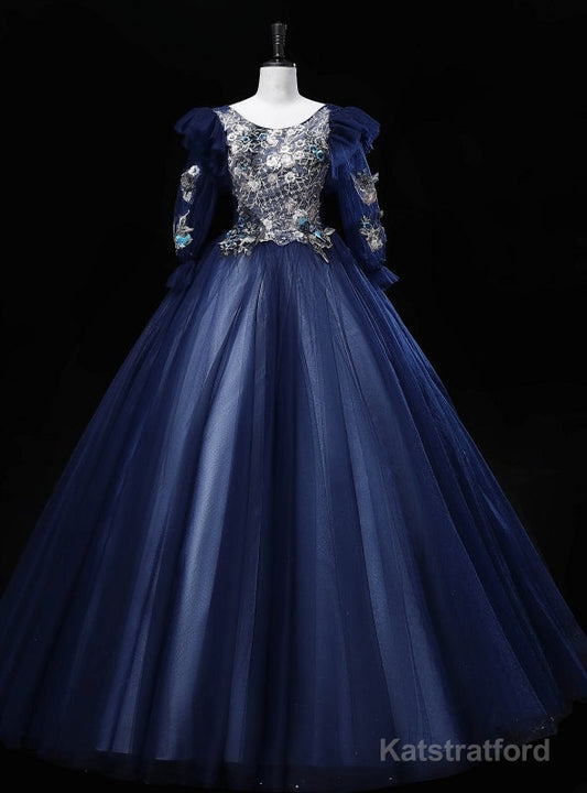 Navy Blue Tulle Long Sleeve Embroidery Sequins Quinceanera Dress