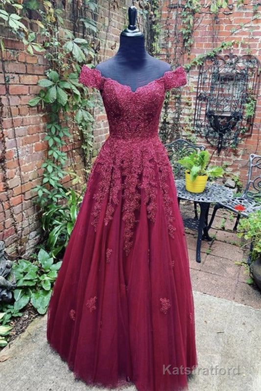 Off Shoulder Burgundy Lace Prom Dress, Off the Shoulder Burgundy Formal Dress, Burgundy Lace Evening Dress