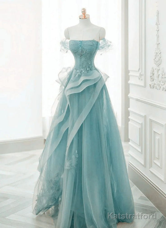 Off Shoulder Lace-up Formal Dress,Blue Birthday Dress Pretty Prom Dress