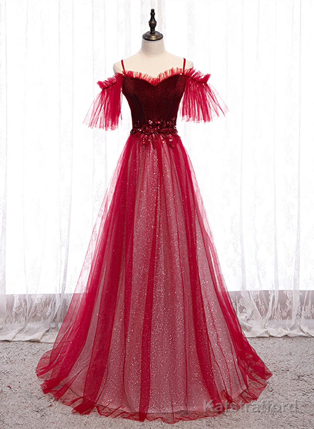 Off Shoulder Wine Red Velvet and Tulle Party Dress, A-line Tulle Floor Length Prom Dress