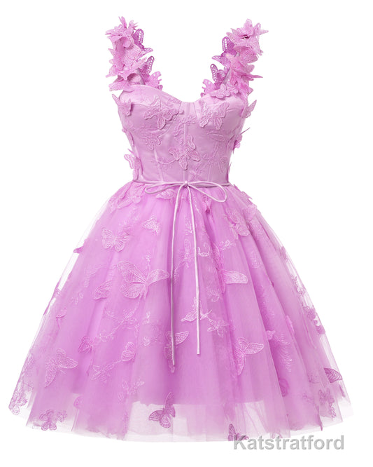 3D Butterfly Lace Applique Tulle Homecoming Dress for Teens Sweetheart Mini Short Prom Dresses