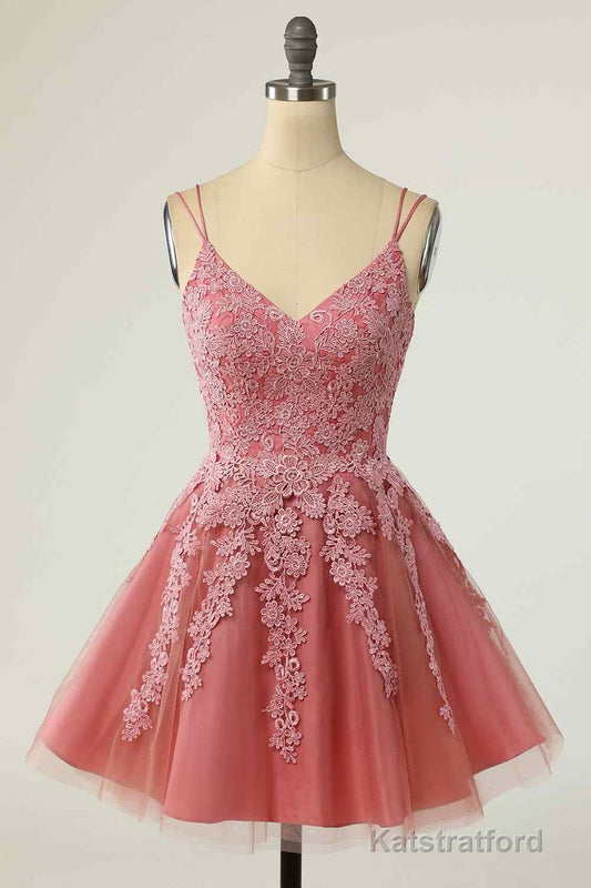 Pink A-line Double Straps V Neck Lace-Up Applique Mini Homecoming Dress