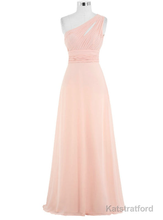Pink Chiffon Floor Length A-Line One Shoulder Bridesmaid Dress
