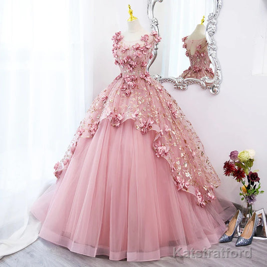 Pink Flowers Round Neckline Floor Length Sweet 16 Dress, Pink Long Formal Dress