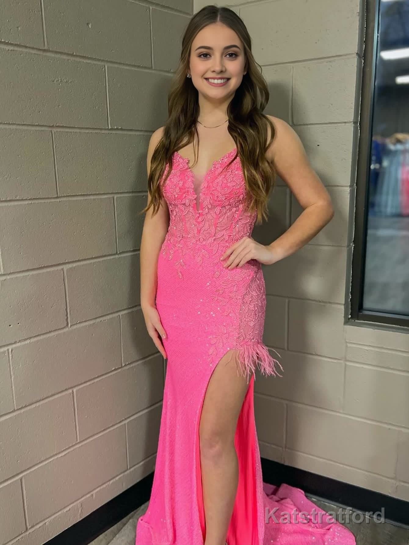 Pink Mermaid V Neck Backless Tight Long Prom Dress With Slit