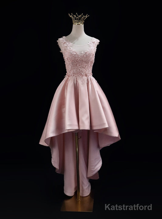 Pink Satin  Lace Prom Dress