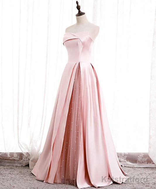 Pink Satin Long Party Dress with Pearls, Floor Length Party Dres Wedding Party Dress