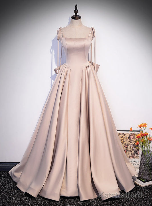 Pink Satin Spaghetti Straps Pearls Bow Prom Dress