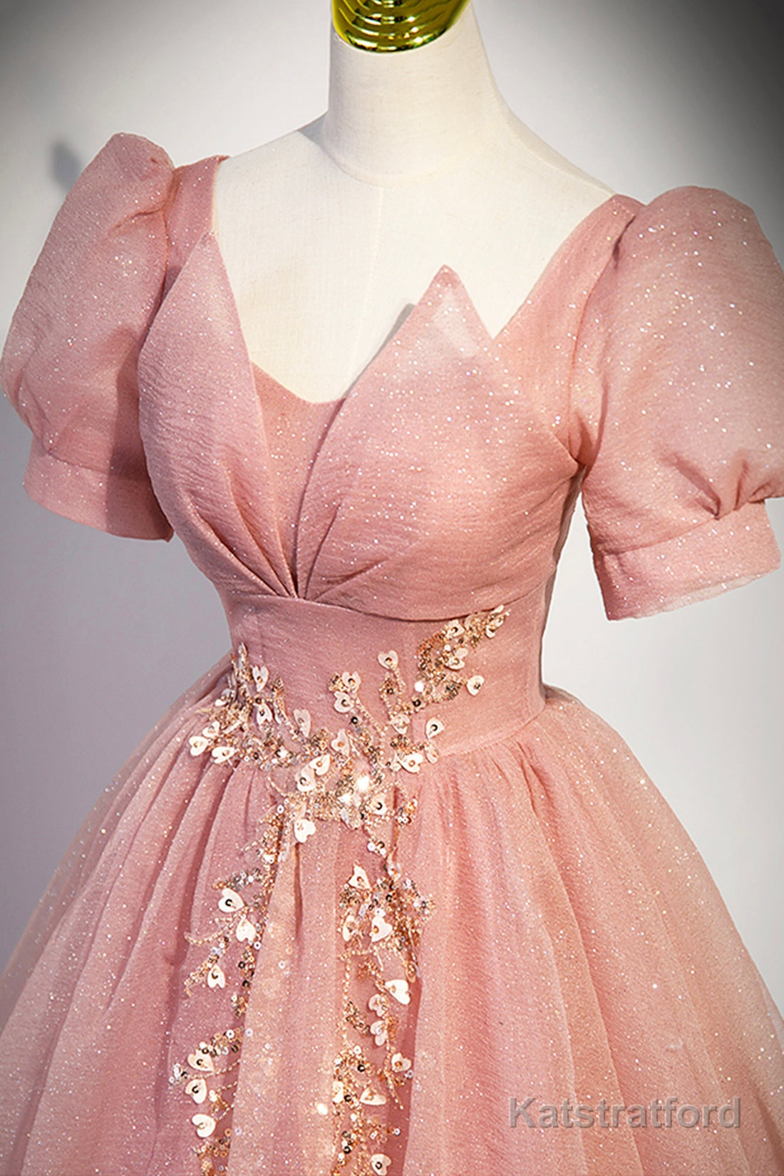Pink Tulle Floor Length Prom Dress, Cute Short Sleeve Evening Dress