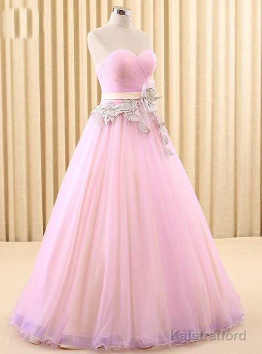 Pink Tulle Sweetheart Pleats With Flower Wedding Dress