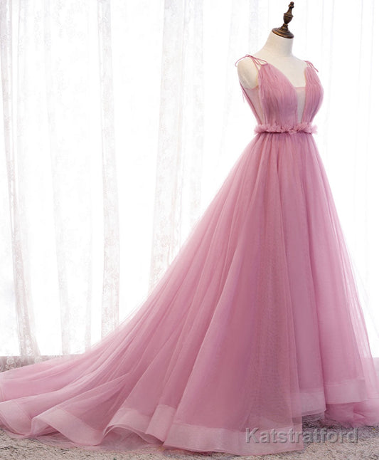 Pink V Neck Long Prom Dress, Aline Pink Formal Evening Dresses