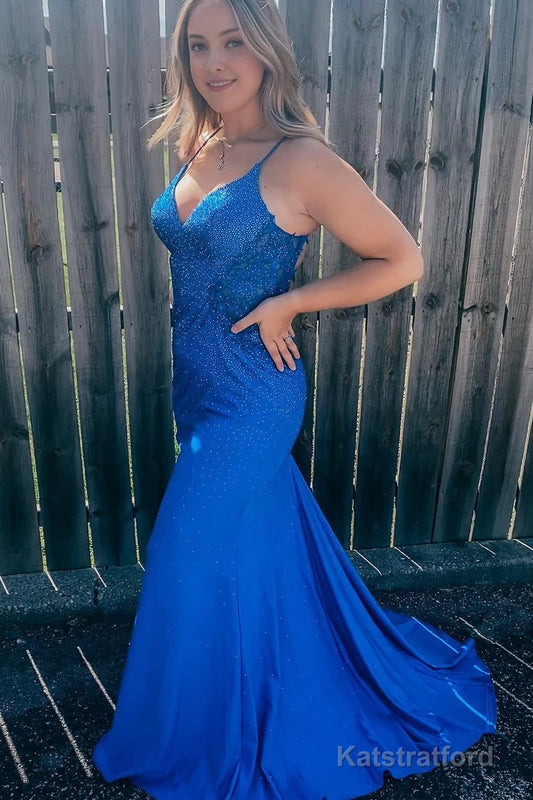 Plus Size Sparkly Spaghetti Straps Royal Blue Sequins Long Prom Dress