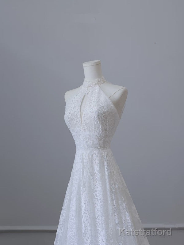 Princess A line High Neckline White Lace Long Wedding Dresses Brides Dress