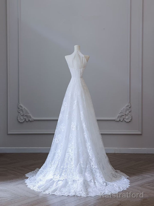 Princess A line High Neckline White Lace Long Wedding Dresses Brides Dress