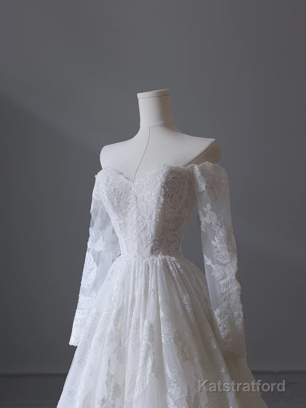 Princess A line Off The Shoulder White Lace Long Wedding Dresses Brides Dress