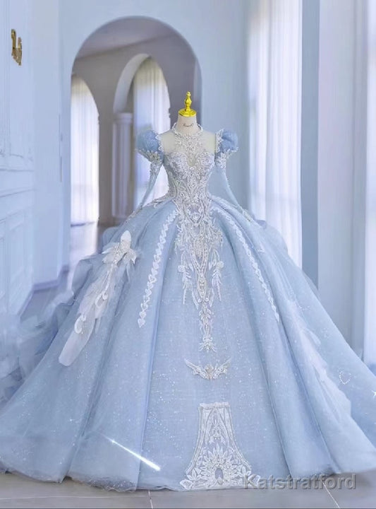 Princess Blue Tulle Long Sleeve Backless Wedding Dress