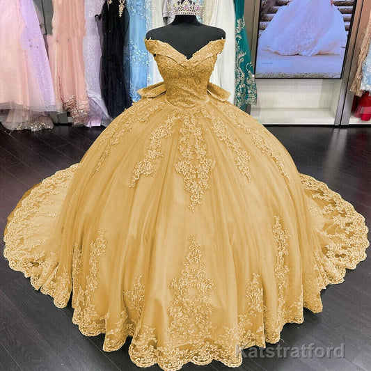 Princess Lace Off Shoulder Gold Quinceanera Dresses Applique With Bow